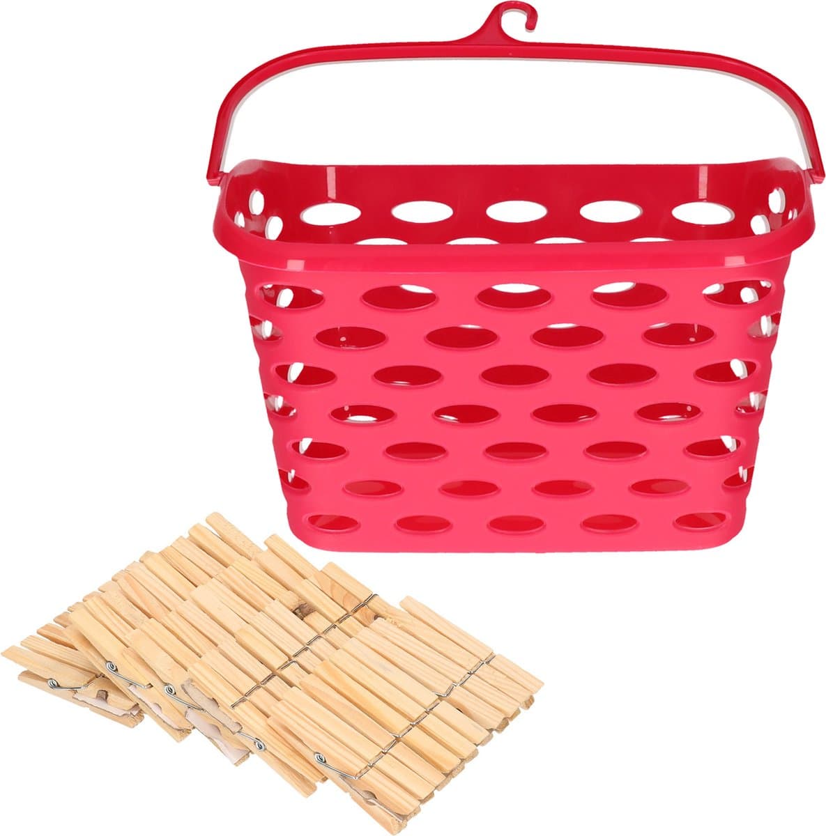 Wasknijpersmandje met haak - fuchsia roze - en 100x houten wasknijpers 7 cm - was ophangen — afbeelding 1
