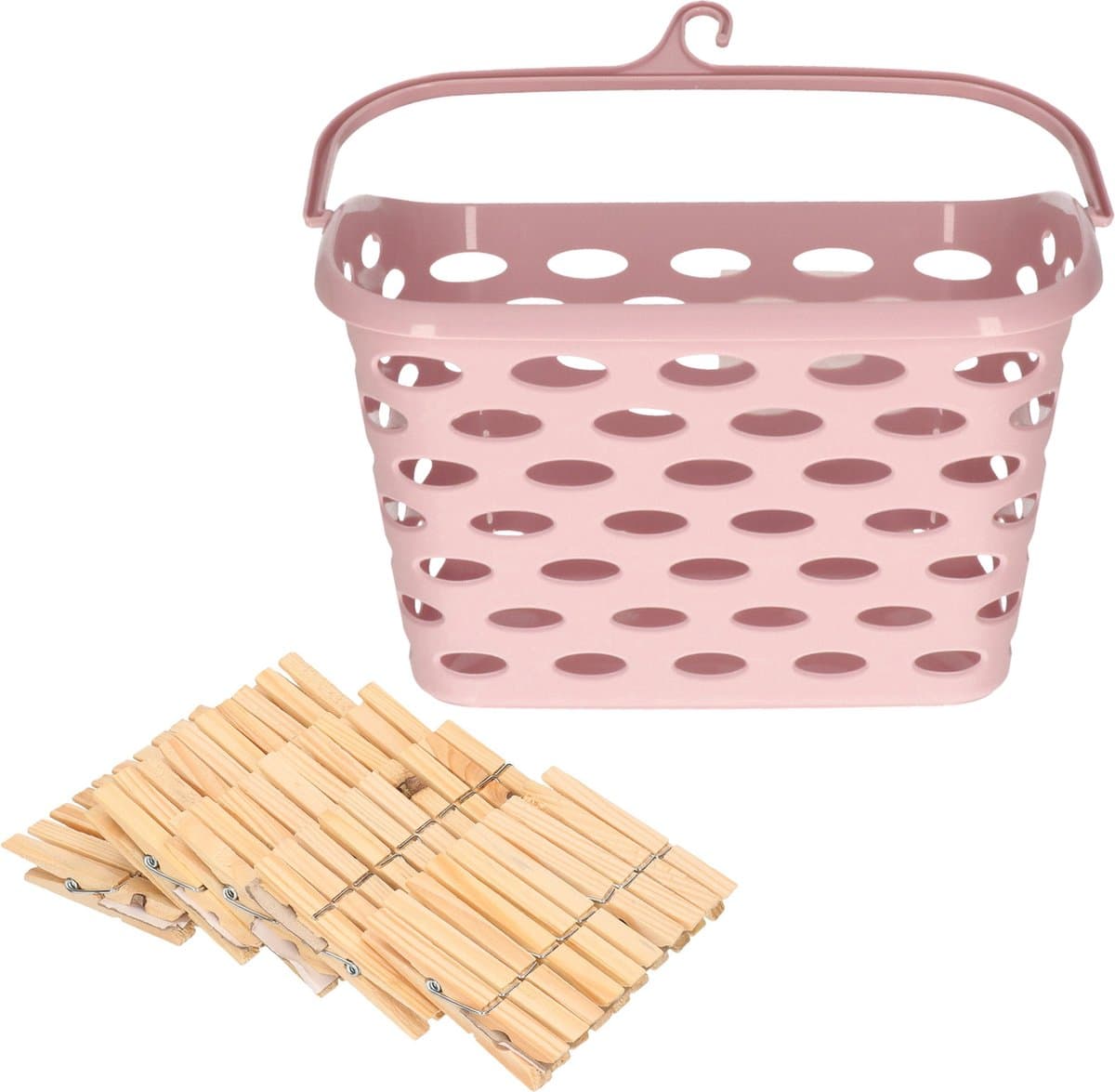 Wasknijpersmandje met haak - roze - en 100x houten wasknijpers 7 cm - was ophangen — afbeelding 1