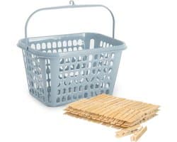 Wasknijpers ophangmandje met haak - ijsblauw - gevuld met 120x houten wasknijpers 7 cm - was ophangen