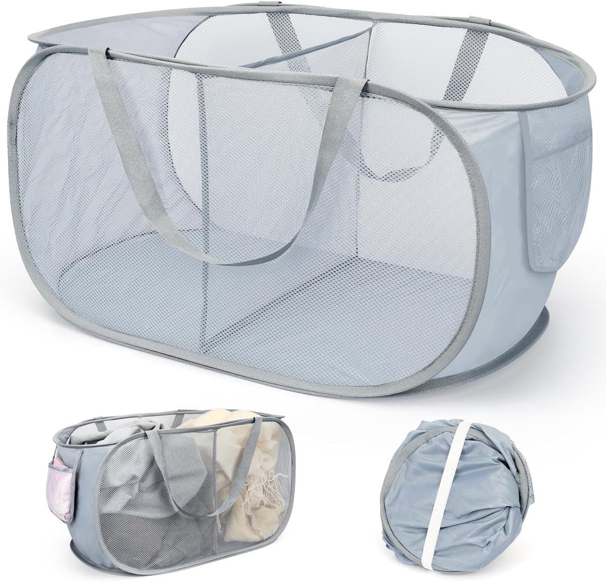 Opvouwbare Wasmand Met 2 Vakken – Inklapbaar En Stevig – Met Handig Opbergvakje – Ruimtebesparend – 58,4x36,1x36,1 Cm – Grijs — afbeelding 1