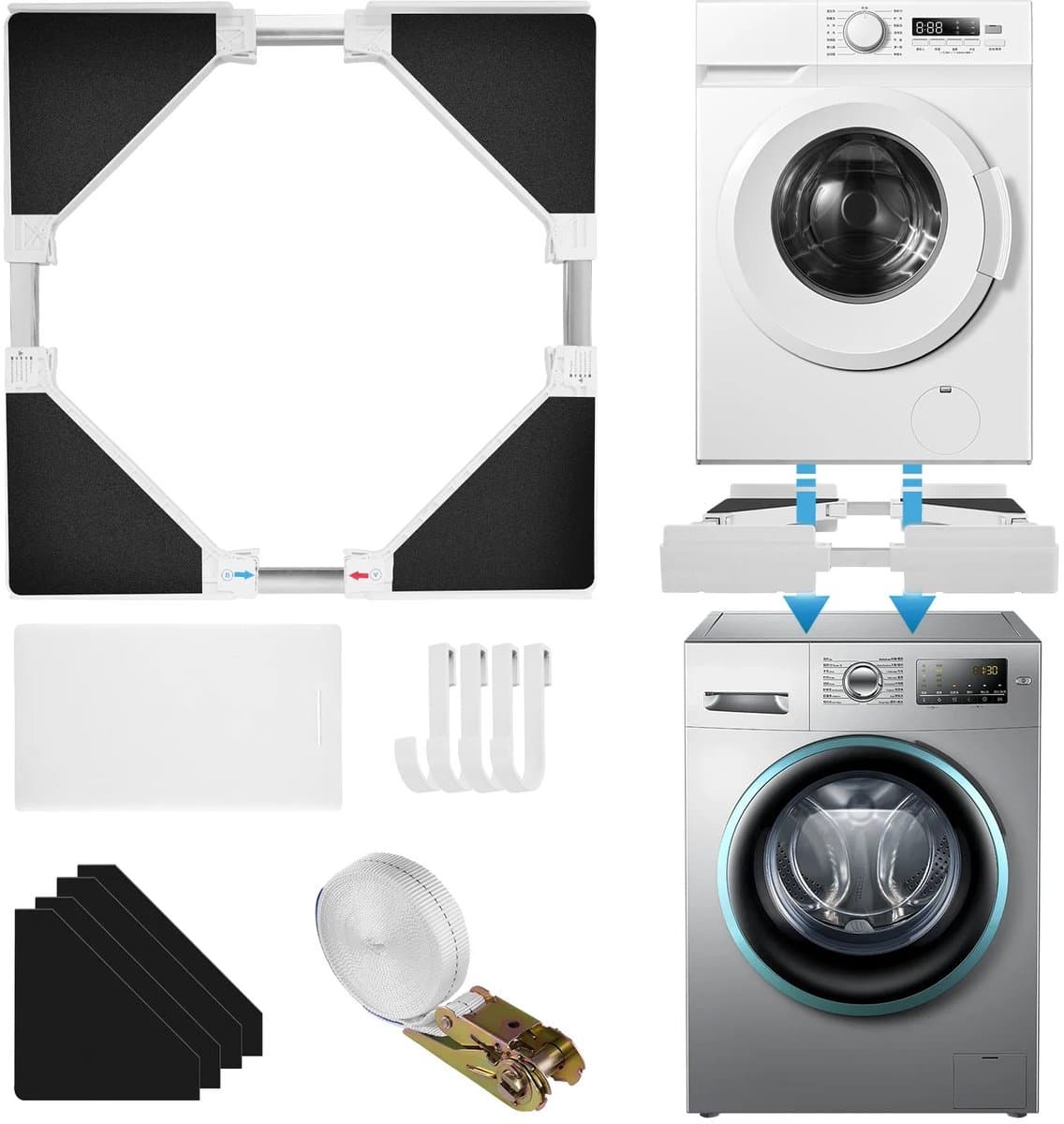 Solvix Wasmachine Verhoger – Tussenstuk Wasmachine Droger – Wasmachine Ombouw – Stapelkit Verstelbaar – Voor Wasmachine en Droger 21 tot 27 Inch – RVS en Kunststof — afbeelding 1