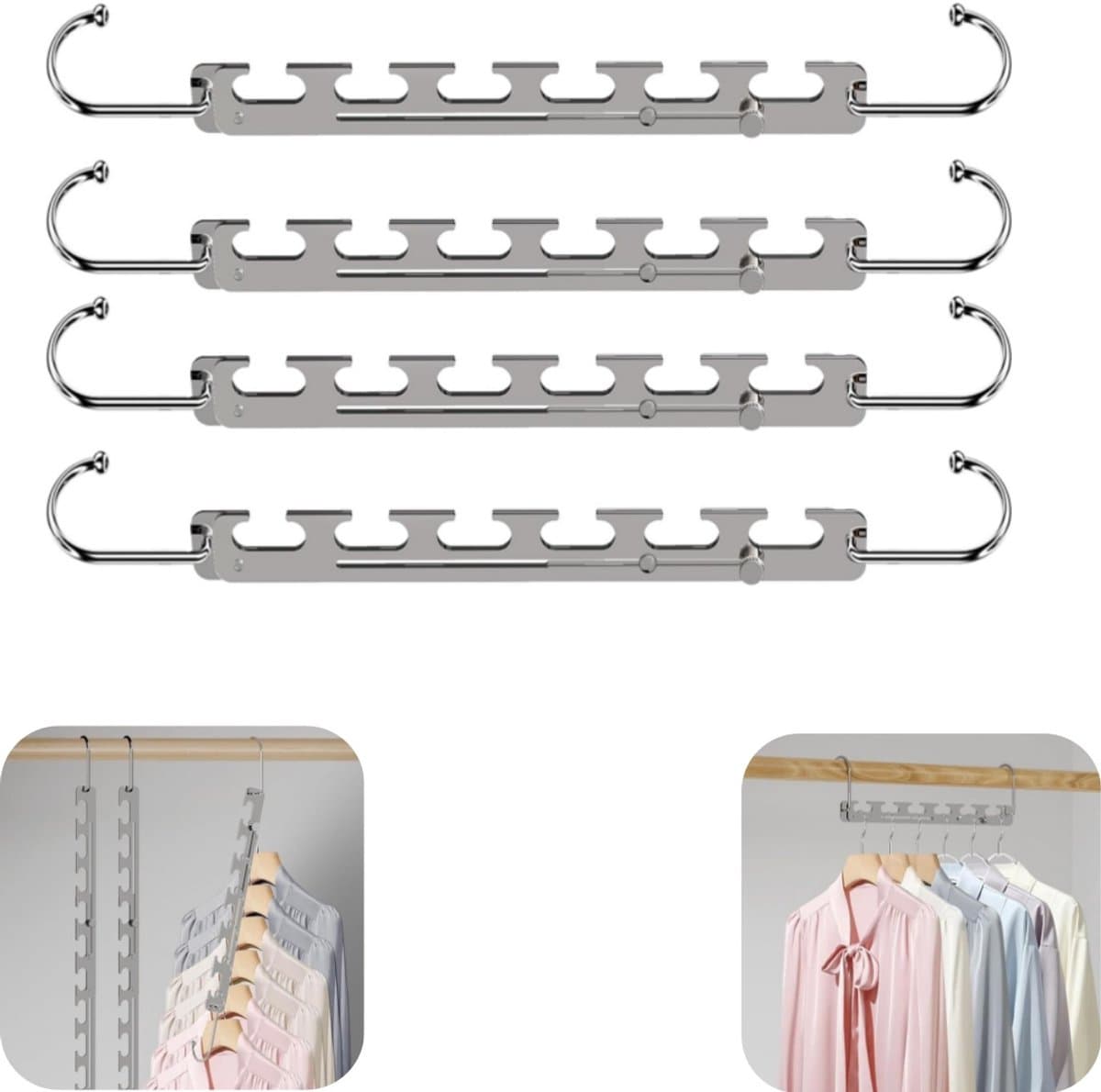 4 stuks wasrek - bovenkledingopslagrek - broekopslagrek - kledinghaak - opvouwbaar wasrek - metalen wasrek - verstelbaar - herbruikbaar - opbergaccessoires - geschikt voor kast, balkon, slaapkamer (zilver,26*5*2cm) — afbeelding 1