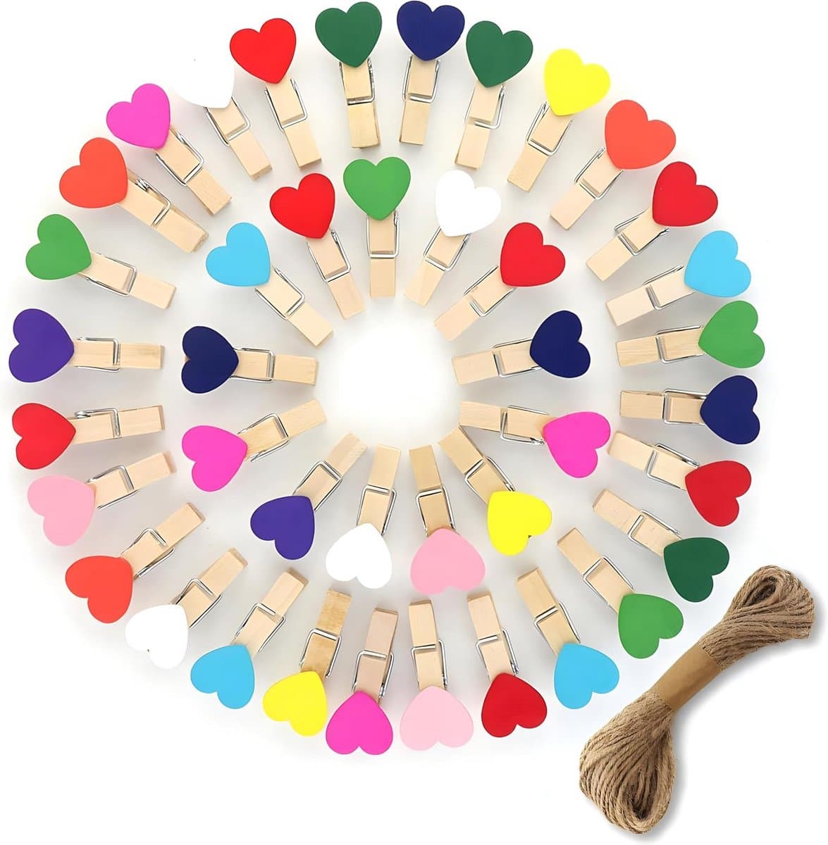 Houten Kledingknijpers - Fotoklemmen Hartjes - Decoratie Ophangen - Natuurlijk Hout - 100 Stuks - Multicolor — afbeelding 1