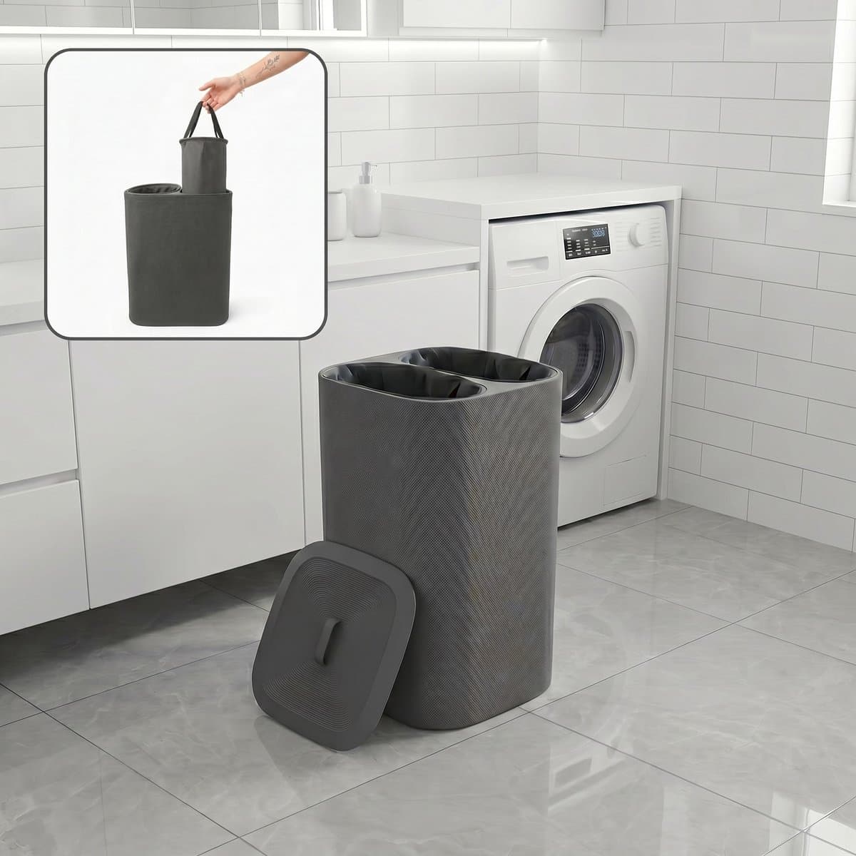 INDECOR Wasmand 90 Liter – 2 Vakken Wassorteerder – Met Deksel – Opvouwbare Wasbox – Antraciet — afbeelding 1