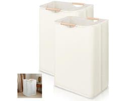 Byshayne- Wasmand 2 Stuks - Smalle Wasmand - Wasmand met Houten Handgrepen - Polyester-Katoen - 40 × 30 × 59 cm - Wasverzamelaar - Wasmanden