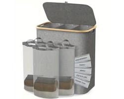 VIEMAE Wasmand - Wasmand 3 vakken - Wasmand met deksel & handgrepen - Wassorteerder - Wasmanden - Ruimtebesparend - 160L - Grijs