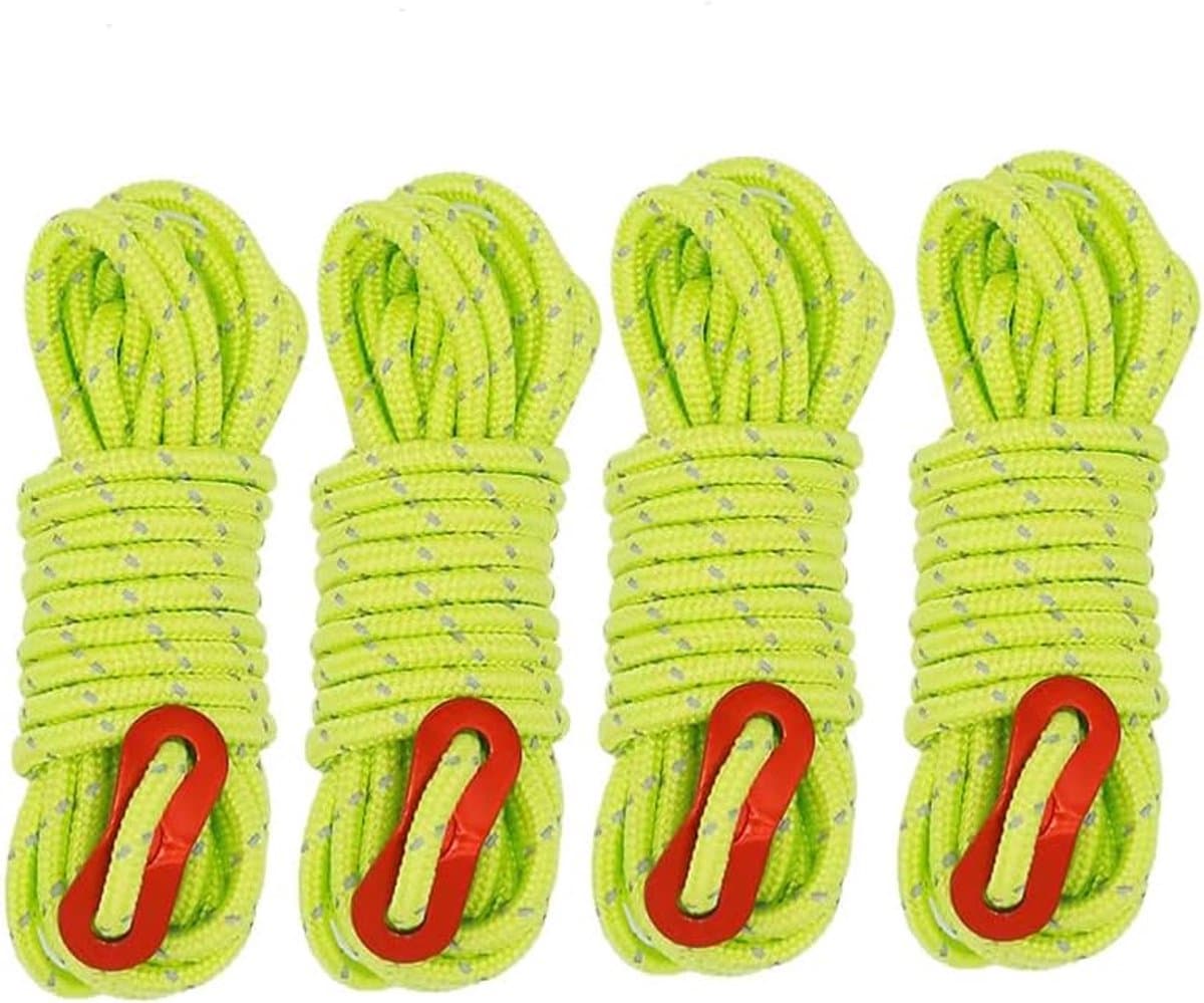 Set van 4 stevige kampeertouwen - 4 mm reflecterende heliumtouwen voor buiten met spanregelaar, sterke nylon touwen, geschikt voor tenten, klimrekken, luifels, kamperen, wandelen en backpacken. — afbeelding 1