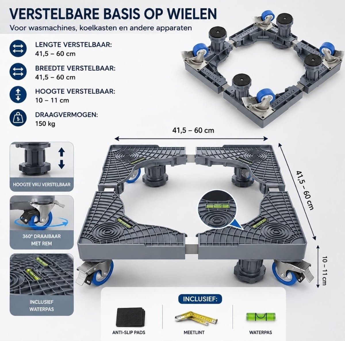 Verstelbare Wasmachine Verhoger – Met Wieltjes – Universele Verhoging voor Wasmachine Droger Koelkast en Vriezer – Wasmachine Kast Met Wielen – Wasmachine Sokkel — afbeelding 1