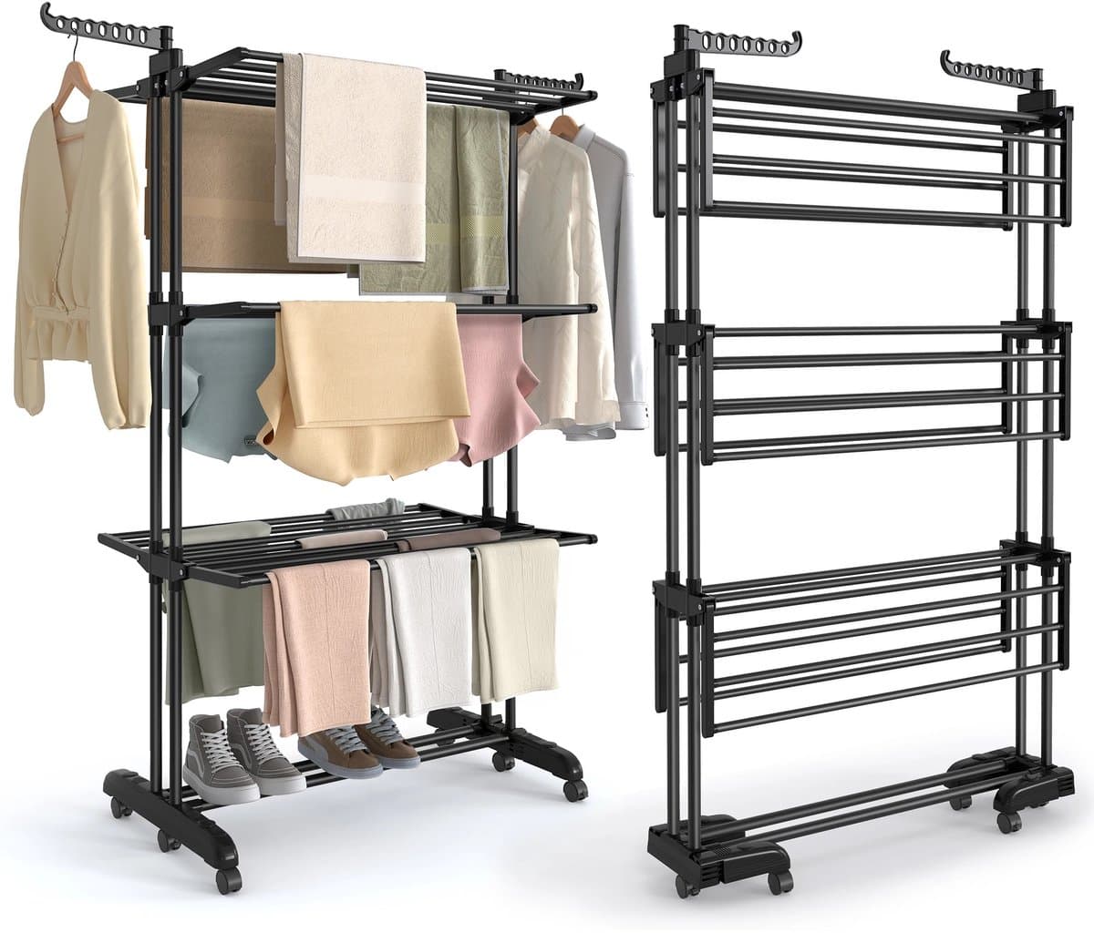 Allero Wasrek - Droogrek - Wasrek Inklapbaar - Zwart - Draagvermogen 41 KG - Inclusief Wieltjes - 4 Niveaus - Droogtoren — afbeelding 1