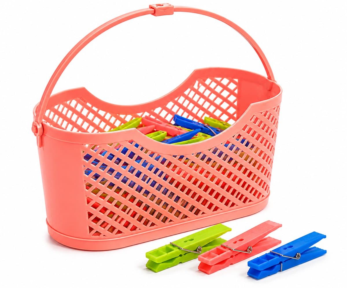 Wasknijpermandje met 24 Wasknijpers – Kunststof Wasknijpermand – Ophangbaar – 24 x 10,5 x 12 cm – Zalmkleur — afbeelding 1