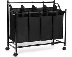 SONGMICS | XL Wassorteerder met 4 Waszakken | Wasman Basket Op Wielen | Verrijdbare Wasmand met 4 uitneembare waszakken | Grote Wassorteer Mand | Afm. 87.5 x 38.5 x 81 Cm. | Kleur: ZWART