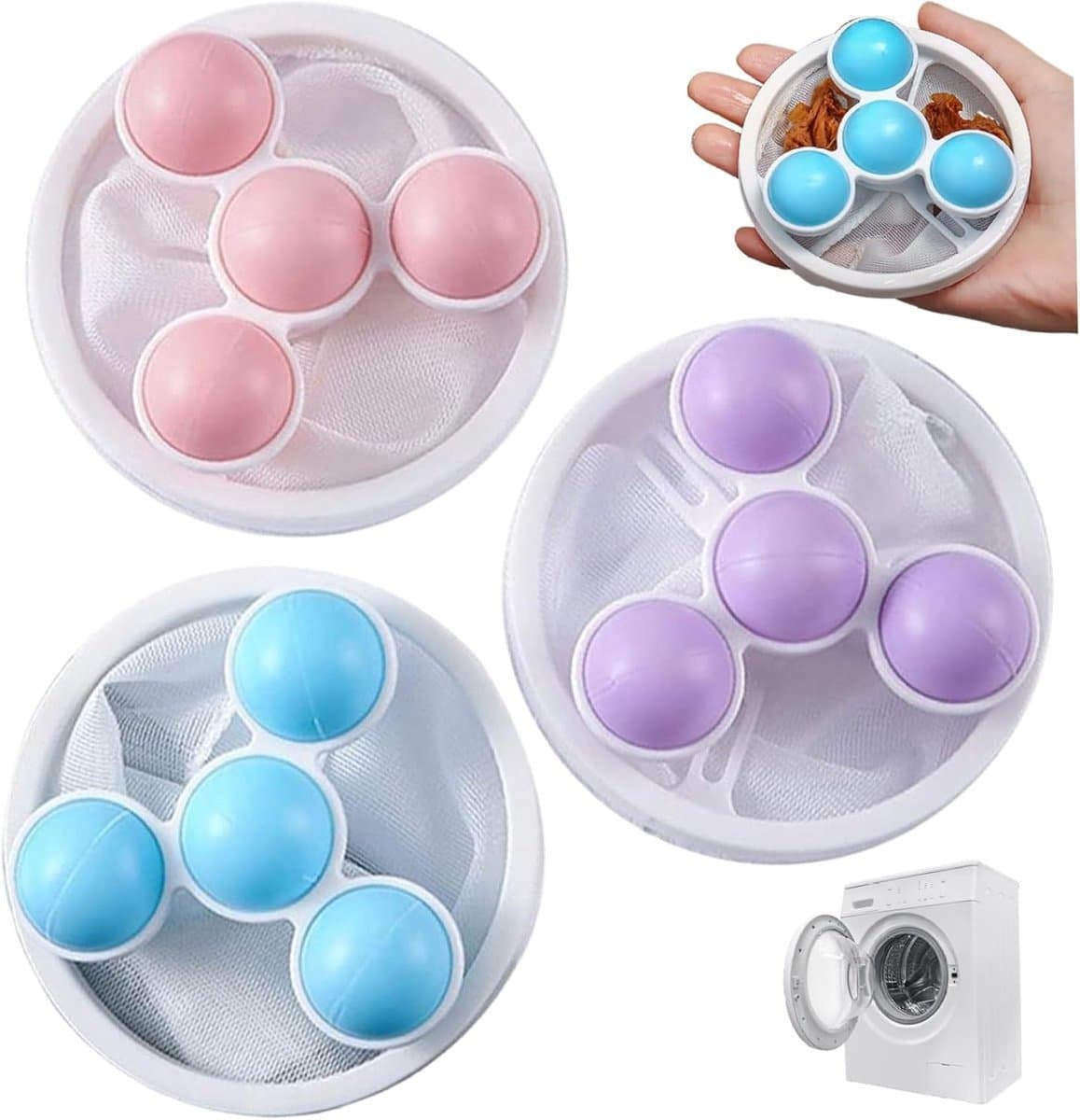 3 stuks - Filterzak -Geschikt voor de wasmachine - 9,2 x 17,5 cm - Waszak voor pluizen-Herbruikbaar - Wasmachinefilter van gaas- Roze, blauw, paars — afbeelding 1