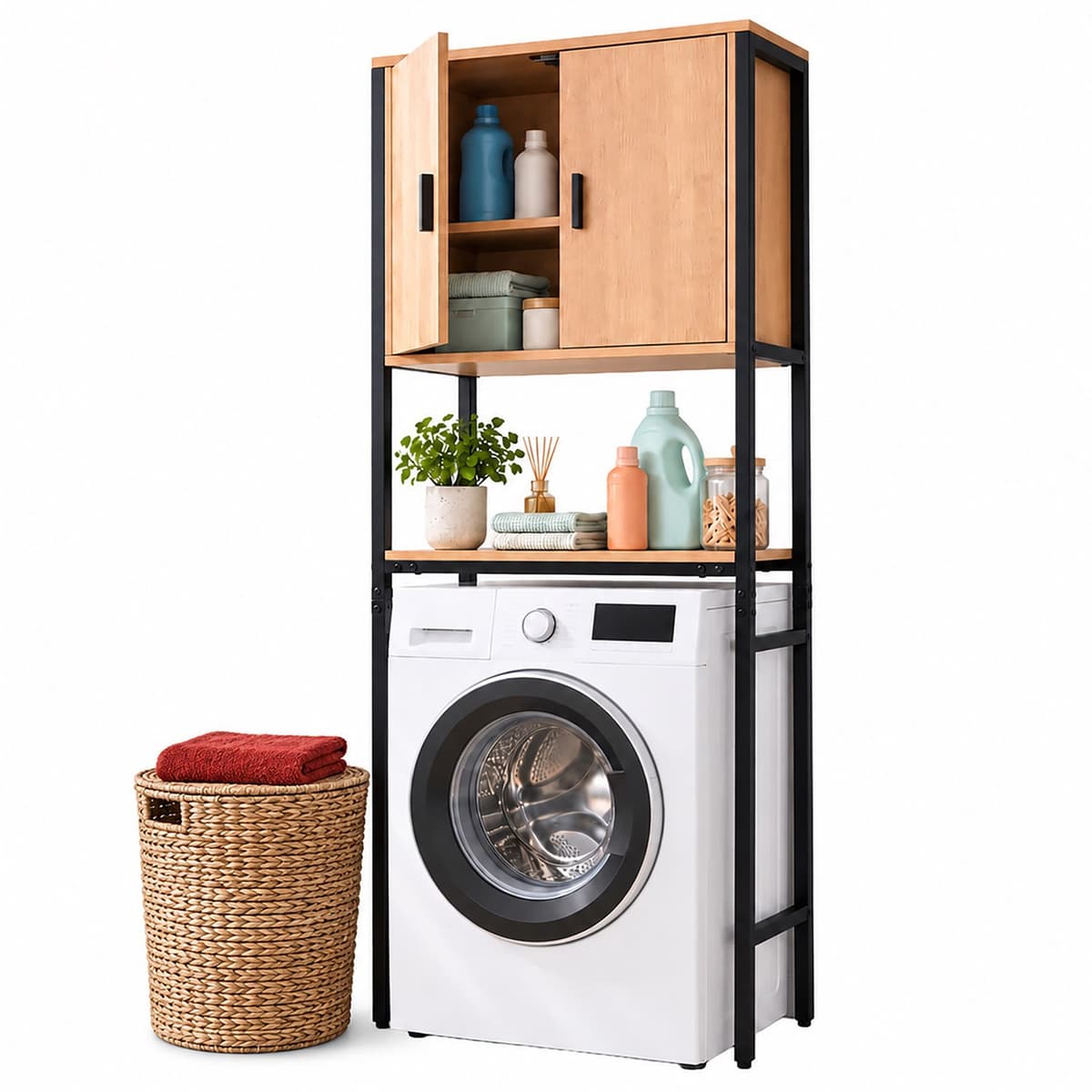 Wasmachine rek - 170x64x27 cm - met kast - zwart-natuur — afbeelding 1