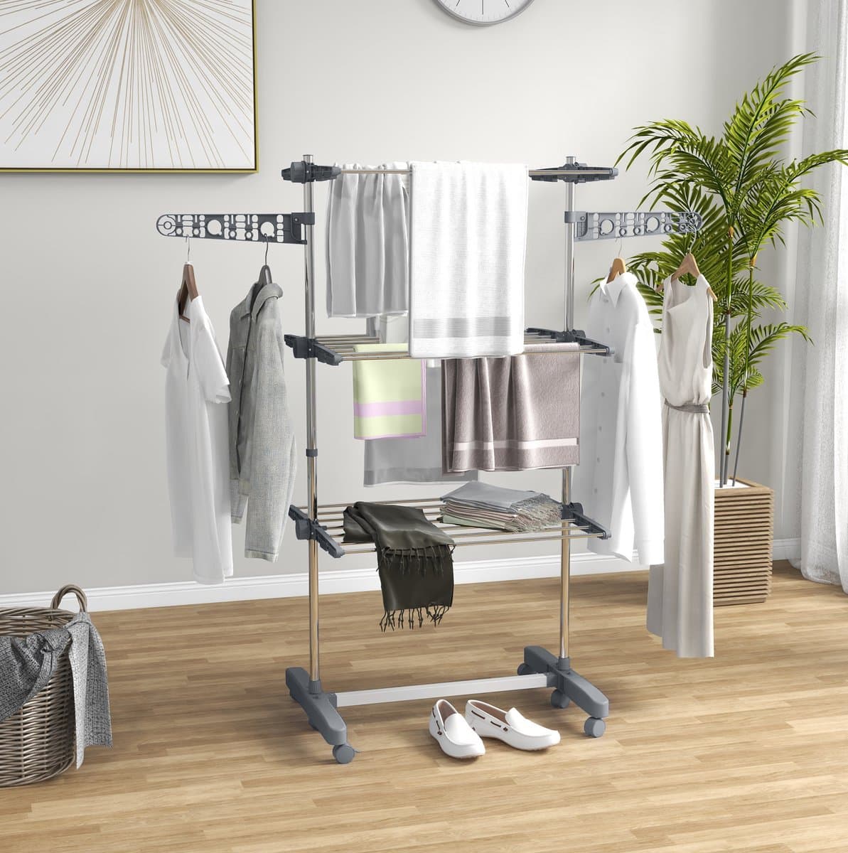 Droogtoren – 3 Niveaus, 142 x 55 x 152 Cm – Staal – Grijs – Inklapbaar Met 6 Wielen Voor Binnen — afbeelding 1
