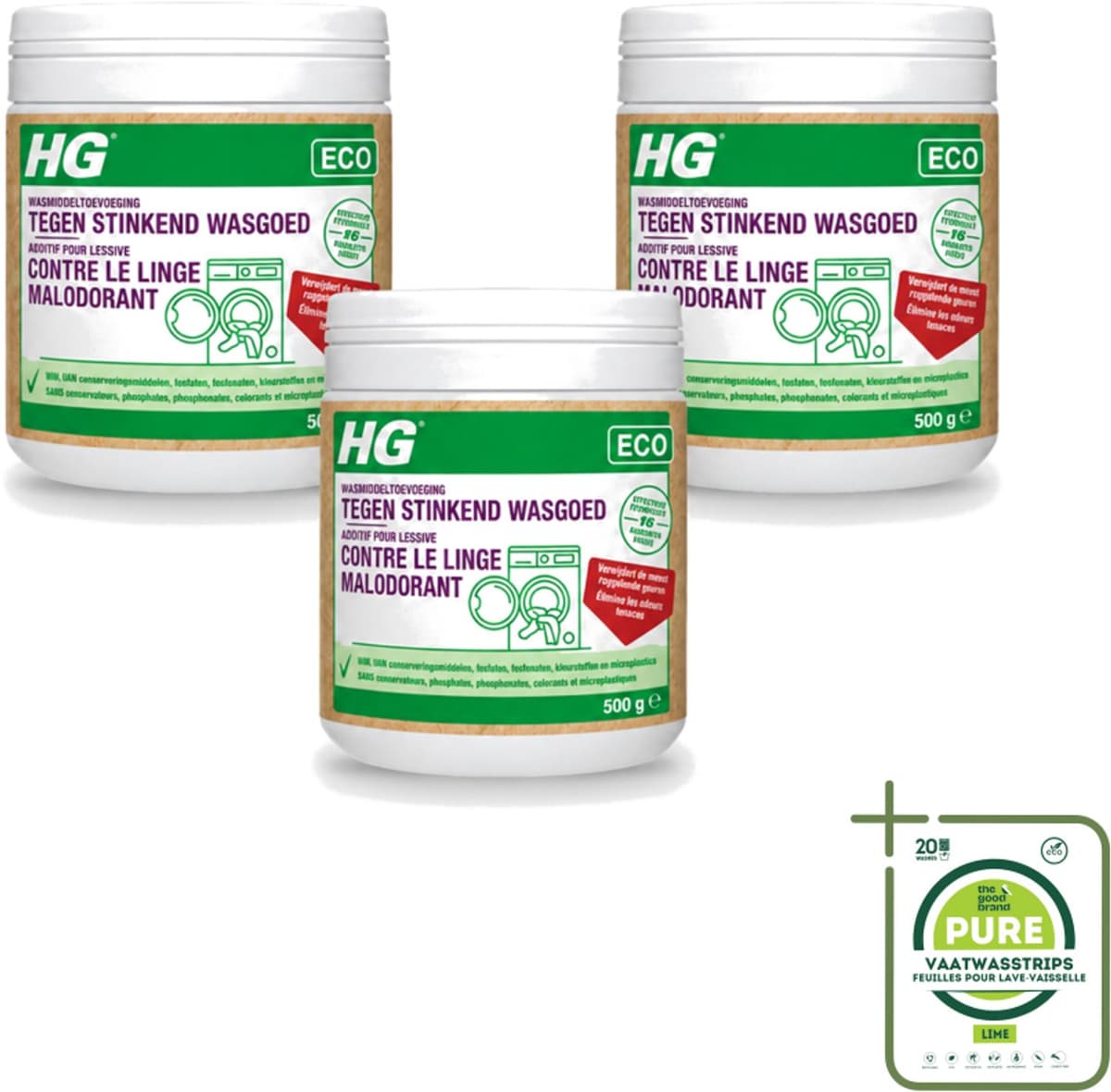 3 x HG ECO - Wasmiddeltoevoeging Tegen Stinkend Wasgoed - Effectieve Formule - 16 Wasbeurten - 500 g - Grootverpakking - Vaatwasstrips - Wasmiddel - Stankmoleculen - Wasgoed - Wasmiddeltoevoeging - Stinkend Wasgoed — afbeelding 1