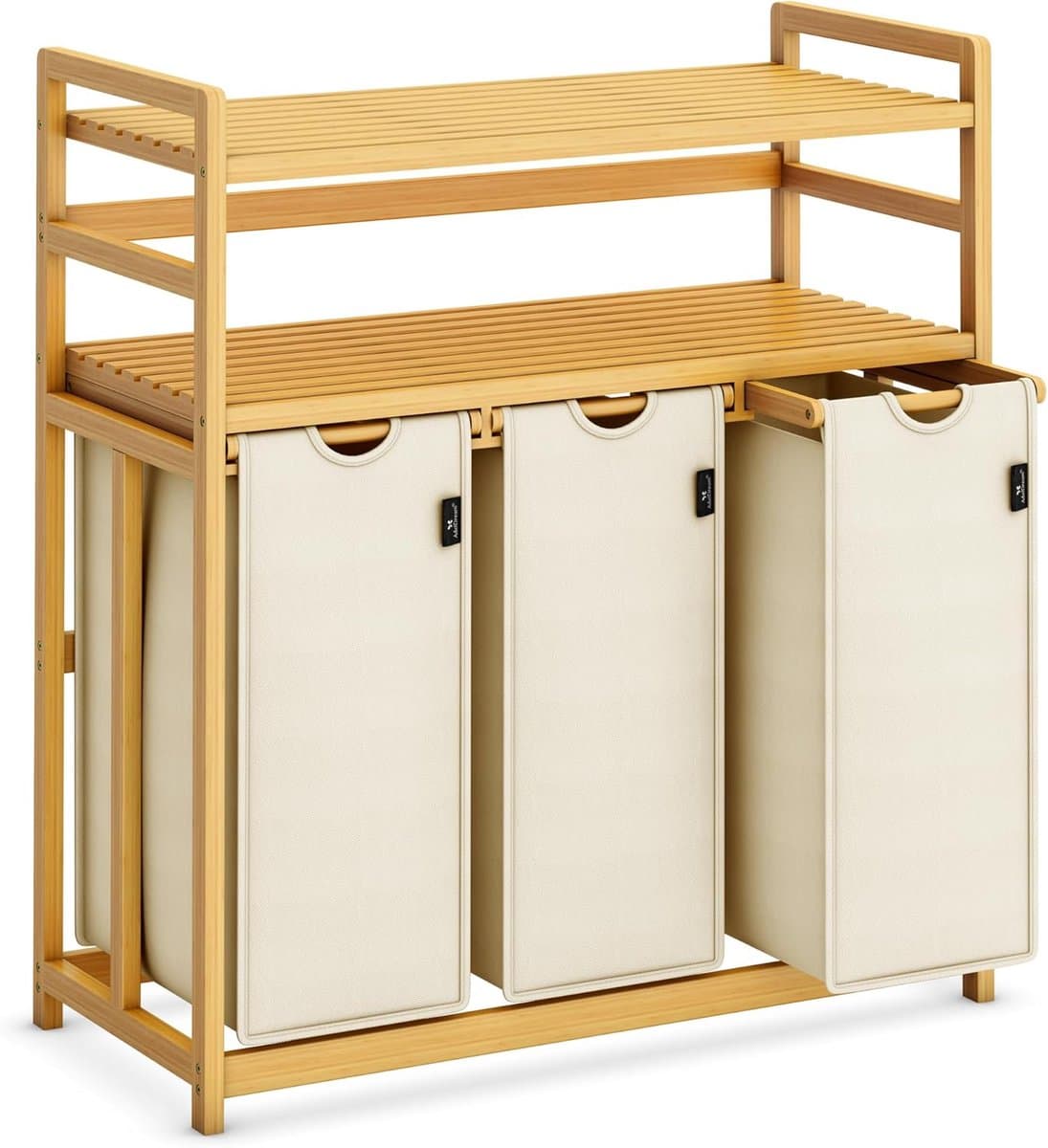 Wasmand 150L met 3 Vakken - Bamboe Wassorteerder met 3 Uitneembare Waszakken en 2 Opbergplanken - Uittrekbaar en Ademend - Voor Badkamer, Wasruimte en Slaapkamer - Beige — afbeelding 1