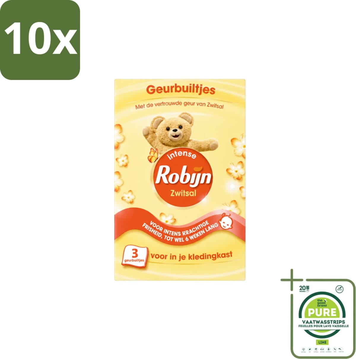 10 x Robijn - Zwitsal - Geurbuiltjes - Zachte Babygeur - Hypoallergeen - 3 Geurbuiltjes - Grootverpakking - Vaatwasstrips - Zwitsal Geur - Geurbuiltjes - Babygeur - Kledingkast - Lade — afbeelding 1