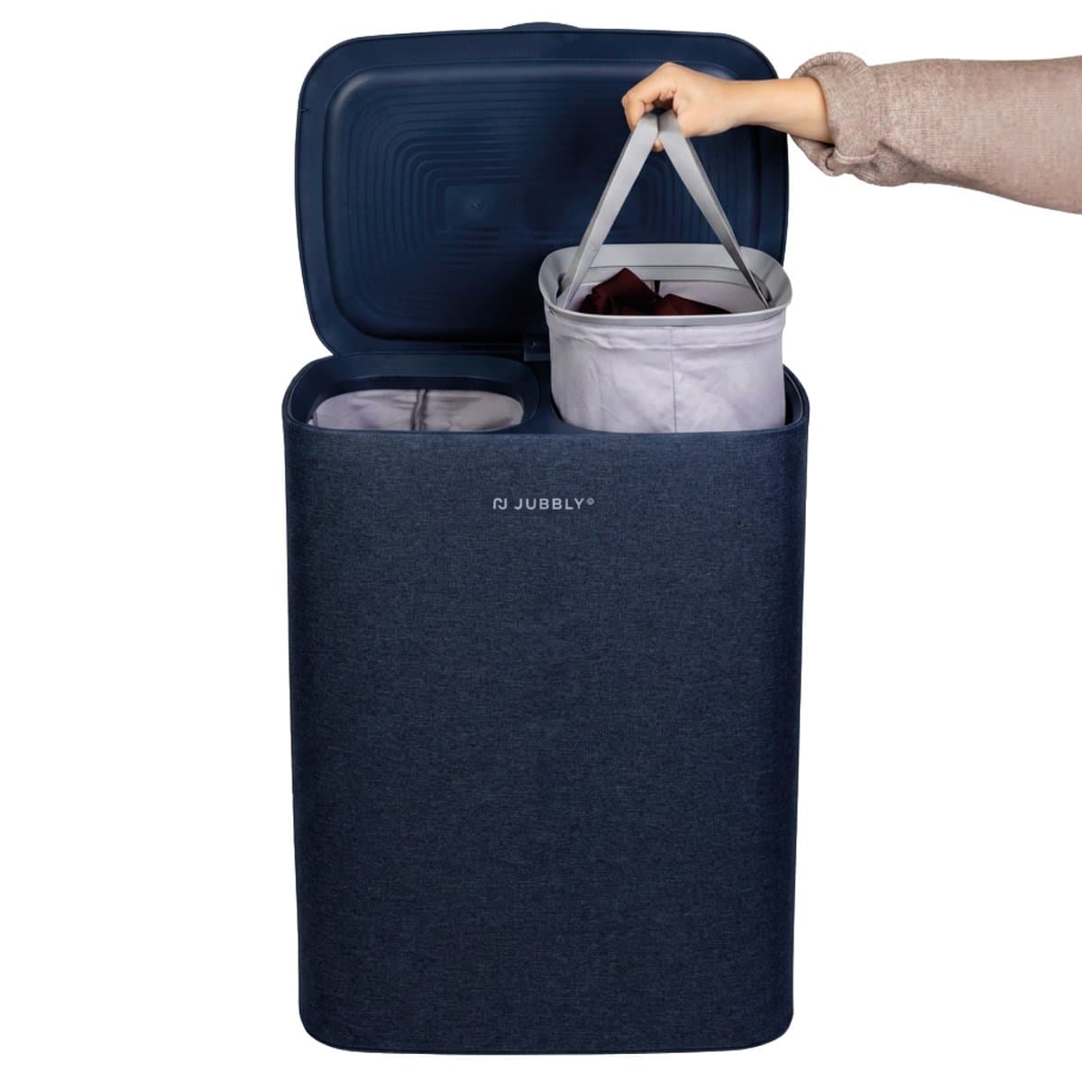 Jubbly® - Wasmand - Wassorteerder - Wasmand met Deksel - Wasmand 2 vakken - Wasmand opvouwbaar - Wasbox - 90 Liter - Blauw - The Splitsmart — afbeelding 1
