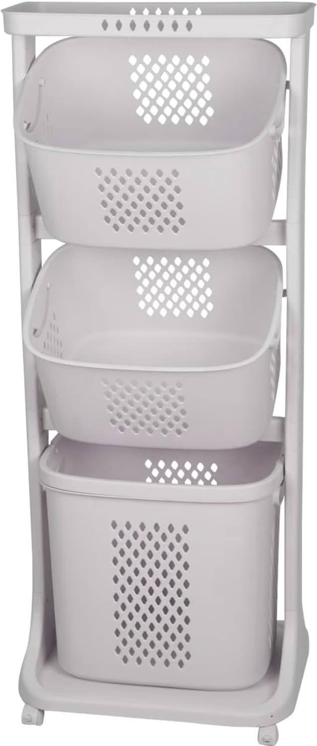 Wasmand met 3 vakken, 4 wielen, 2 kleine manden en 1 grote mand, afneembaar, wasmand met handgrepen voor badkamer, wasruimte, 44 x 33 x 110 cm — afbeelding 1