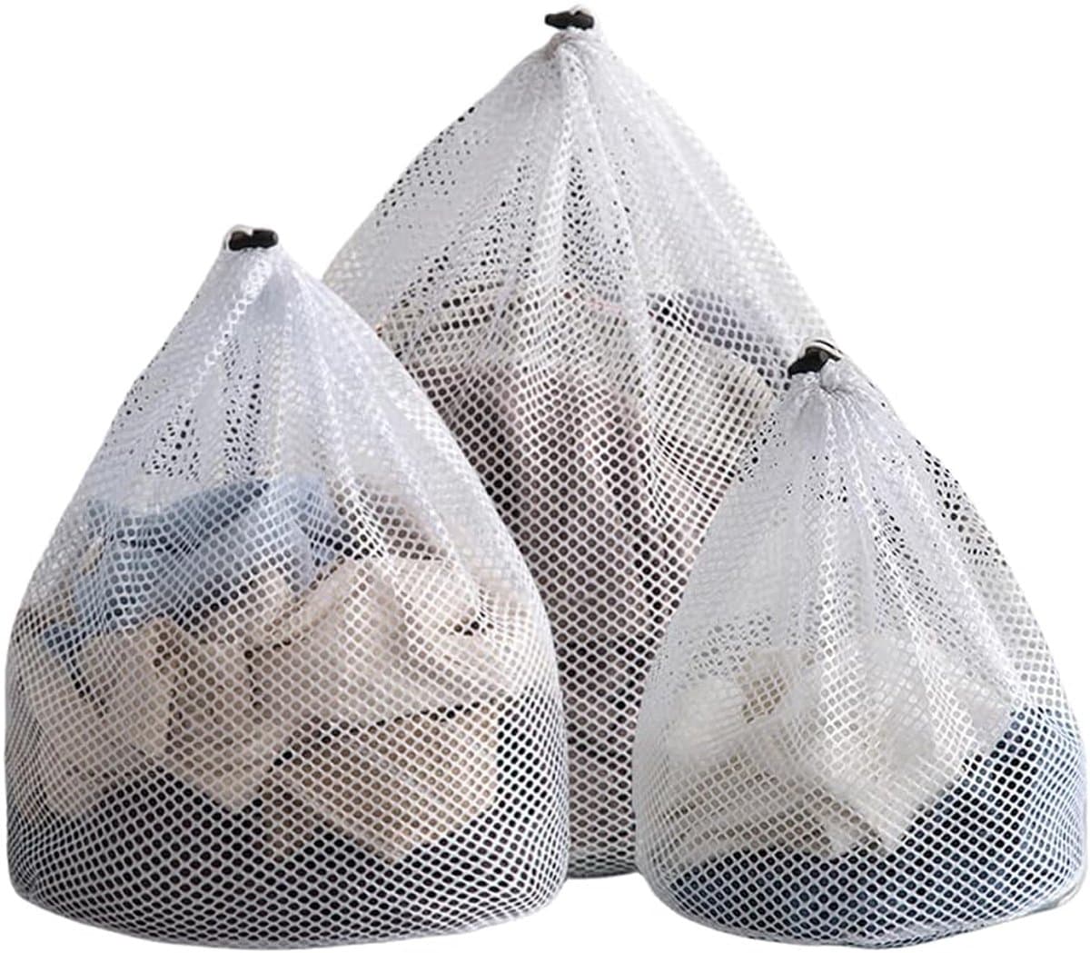Waszak - 3 Stuks - Wasnet - Netwaszakken - Polyester - Herbruikbare - Grof Gaas - met Trekkoord - Geschikt voor Ondergoed - Kleding en Sokken - Klein + Middel + Groot - Wit — afbeelding 1