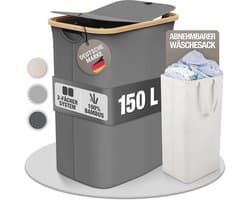 Grote Wasmand met Deksel en 2 Vakken – 150 Liter, Bamboe-Stof, XXL, Grijs