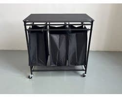 Wasverzamelaar met 3 vakken op wielen – Wasmand sorteerwagen met deksel – Verrijdbare wasmand – Zwart metalen frame