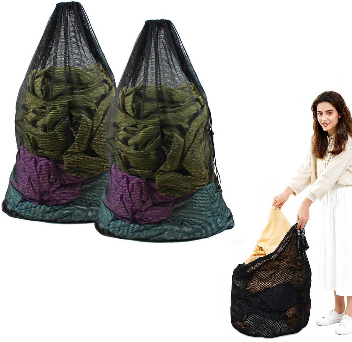 2 stuks waszakken van mesh met trekkoord en handvatten - 60×90cm waszakken van mesh - Duurzame tassen voor delicate kleding - Stevige waszakken van mesh - Geschikt voor wasmachines, reizen, kleding, speelgoedopslag — afbeelding 1