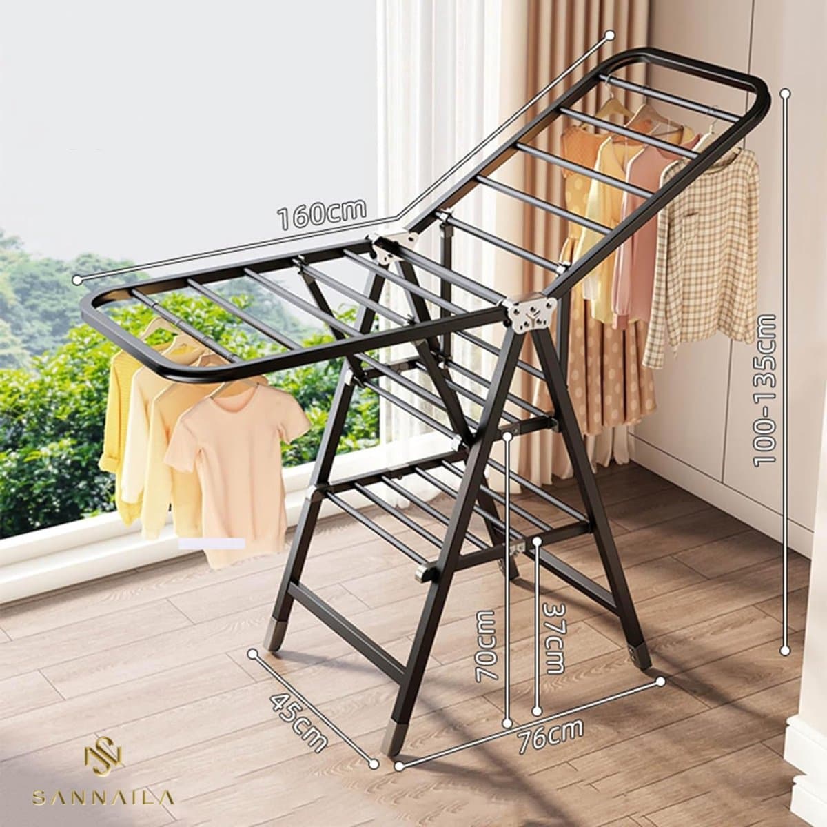 Sannaila Inklapbaar Droogrek – 10-18 Meter Drooglengte – Verstelbaar Design - Zwart — afbeelding 1