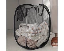 Opvouwbare wasmand zwart - pop up wasmand - wasmand voor op reis - wasmand met hengsels - was sorteren met extra opbergvak - waszak opvouwbaar voor onderweg - vakantie wasmand met handvatten