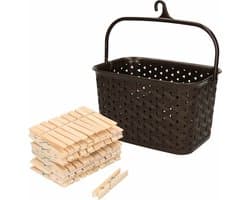 Wasknijpers mandje met ophanghaak - bruin - gevuld met 100x houten wasknijpers van 7 cm - was ophangen