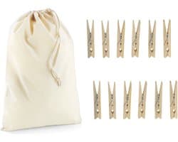 Wasknijperzakje / tasje met afsluitkoord en 20x houten wasknijpers - knijperzak / opbergtas
