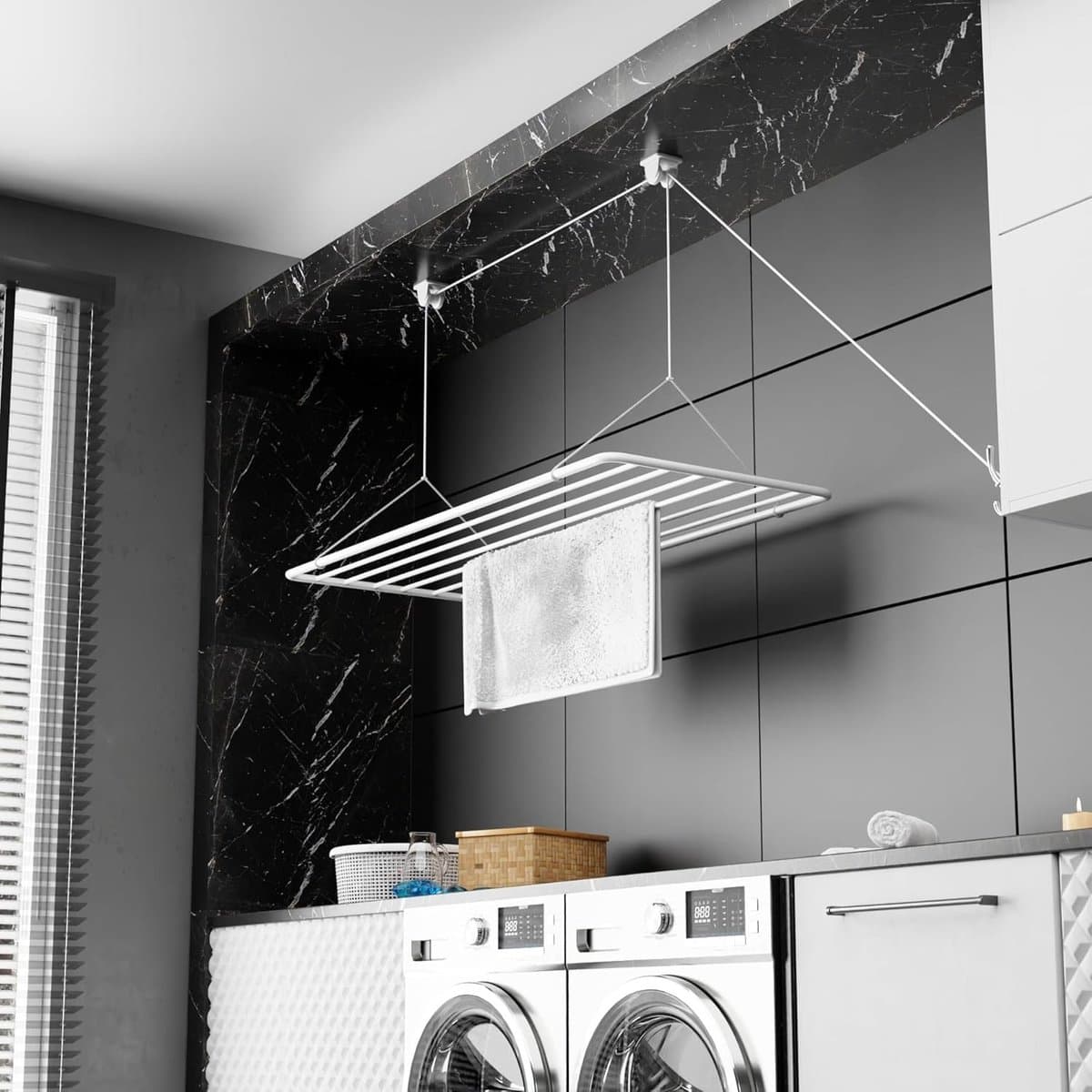 Droogrek radiator - Wit - 70 x 50 cm - Metaal met PVC-vrije coating - Plafondhanger voor kleding drogen — afbeelding 1