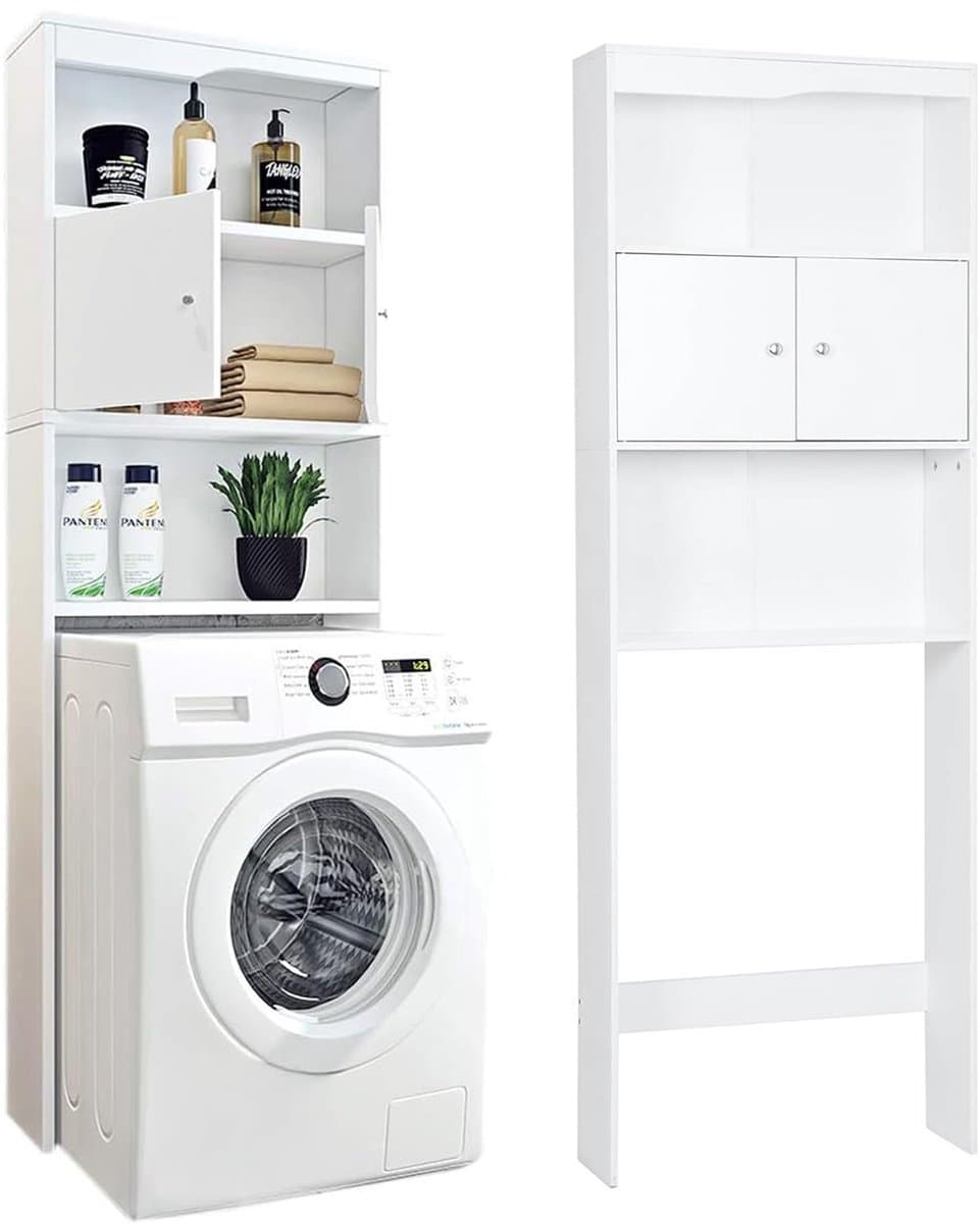 CINK & Co Wasmachinekast 178 cm - Met Deuren en 2 Open Vakken - Verstelbare Planken - Voor Wasmachine of Toilet - Wit - 62.5 x 19.5 x 178 cm — afbeelding 1