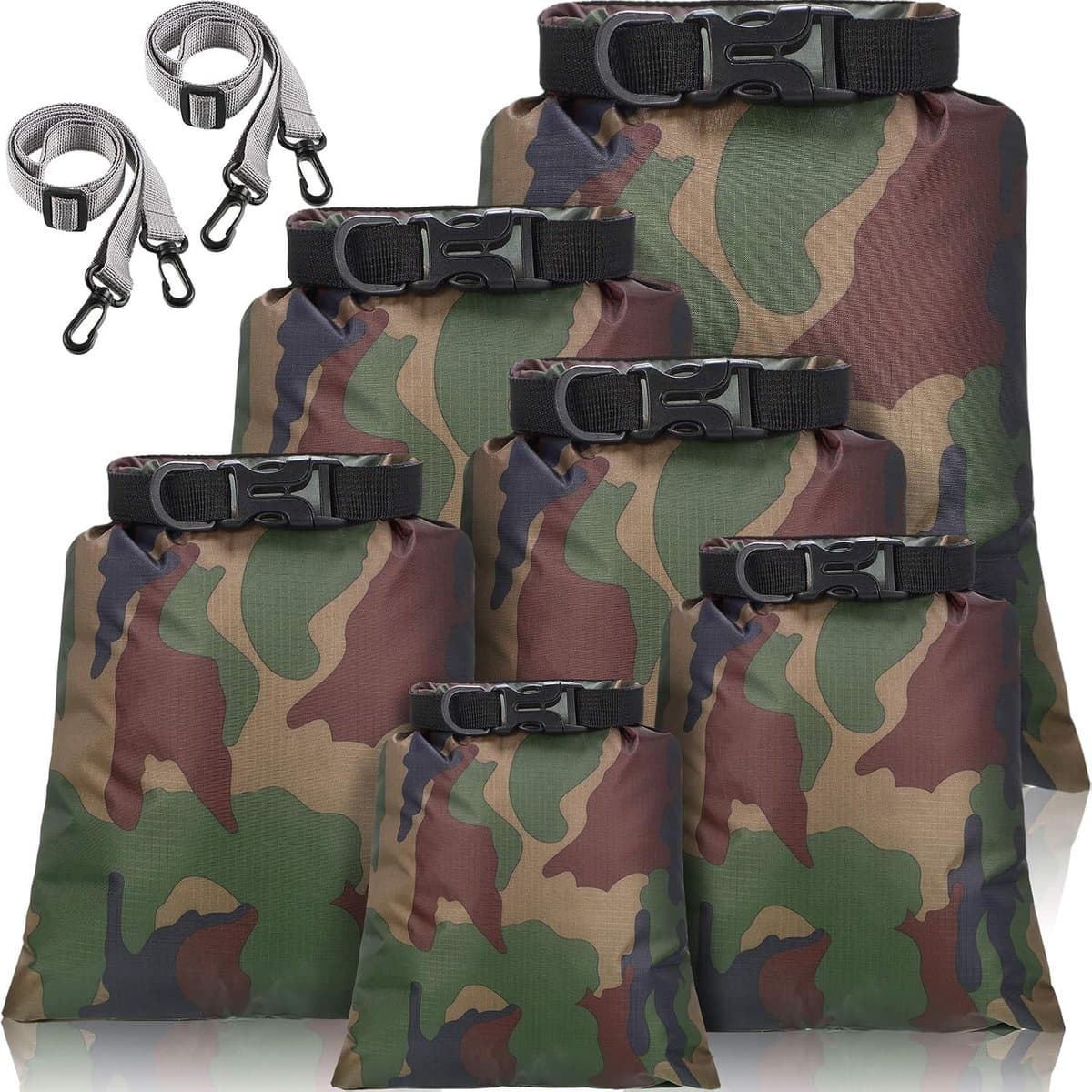 Waterdichte droogzakken, lichtgewicht pakzakken voor buiten 15/8/5/4/3/2 l en lange verstelbare schouderriem voor kajakken, raften, varen, wandelen, kamperen (camouflage), 6/12 stuks — afbeelding 1
