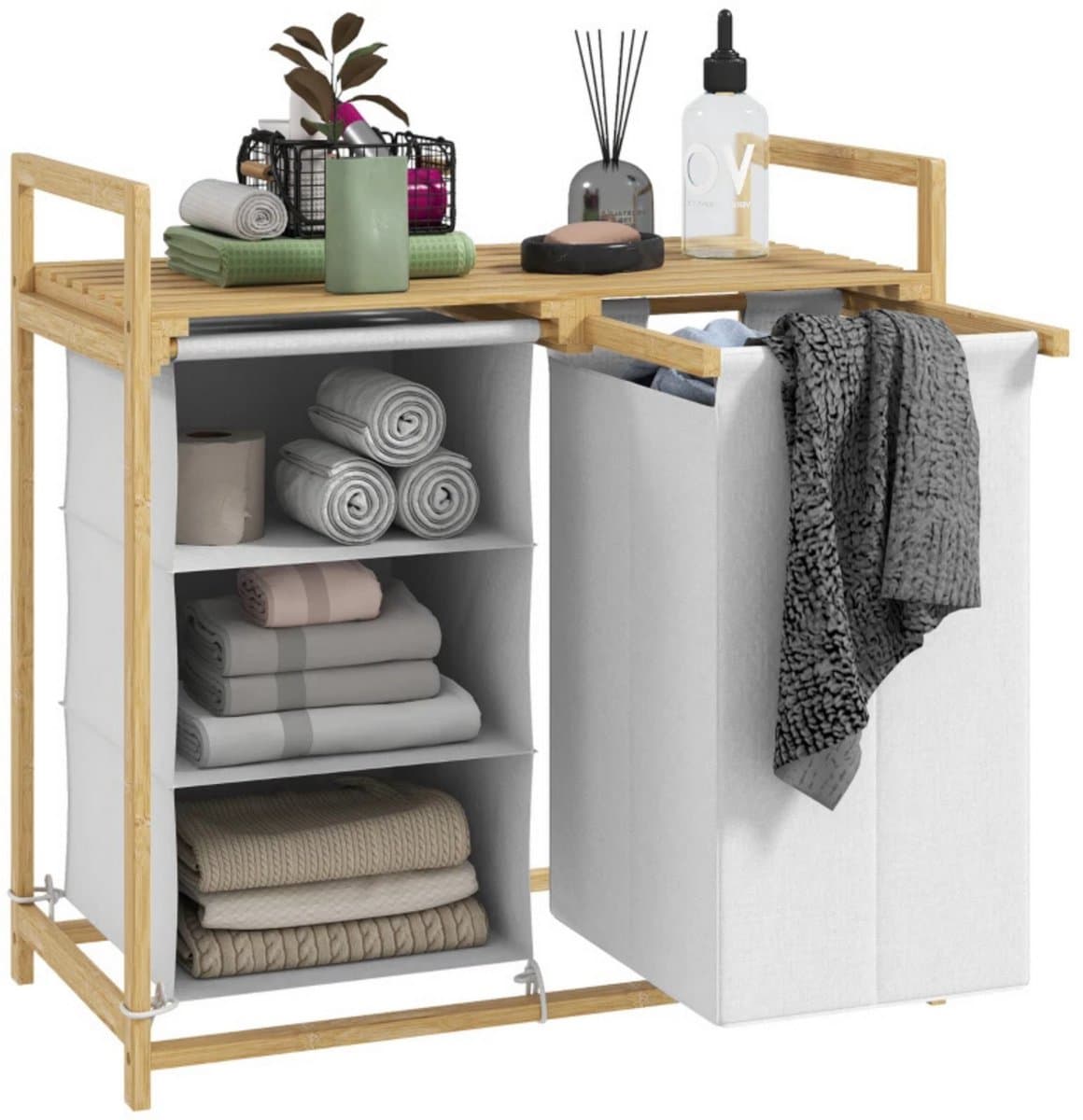 Wasmand met waszak - Opbergrek bamboe - Kast - Badkamerkast - 70x36x70 cm — afbeelding 1
