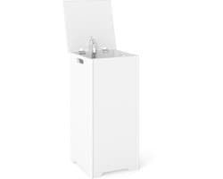 COSTWAY Wasmand vrijstaand, houten wasverzamelaar met deksel en tas, opbergkast badkamer, badkamerkast, wit