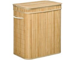 Merax Bamboe Wasmand 90L met Deksel en Handgrepen – 2 Vakken – Uitneembare Stoffen Binnenzak – Opvouwbaar – Naturel Bruin