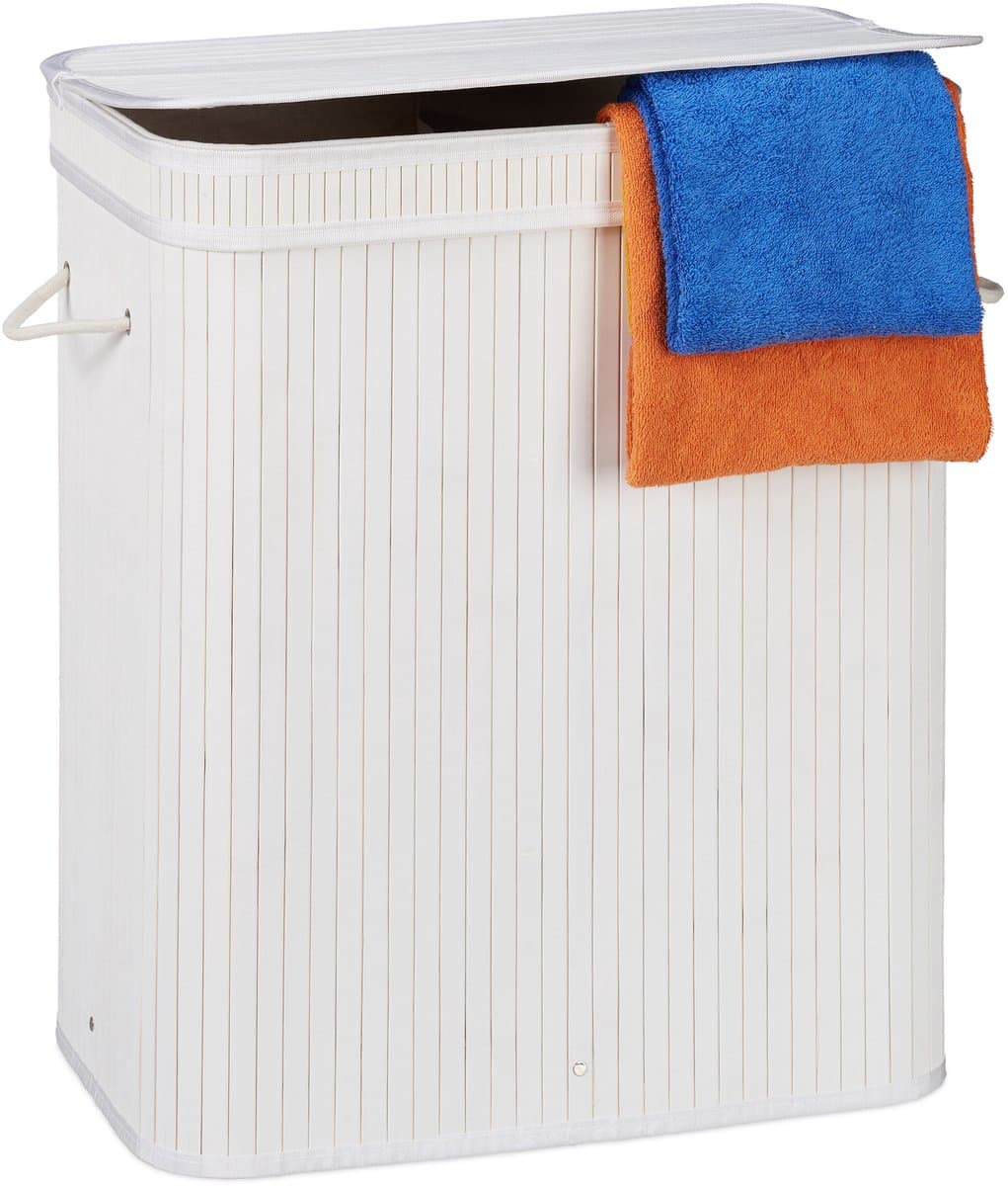 2x wasmand met deksel - 2 vakken - bamboe wasbox - mand voor wasgoed - wit — afbeelding 1