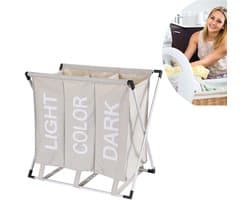 Wassorteerder - 90L - Wasmand 3 Vakken - Opvouwbare Wasmanden - Organizer - Wassorteerder 3 vaks - Alu Frame - Beige