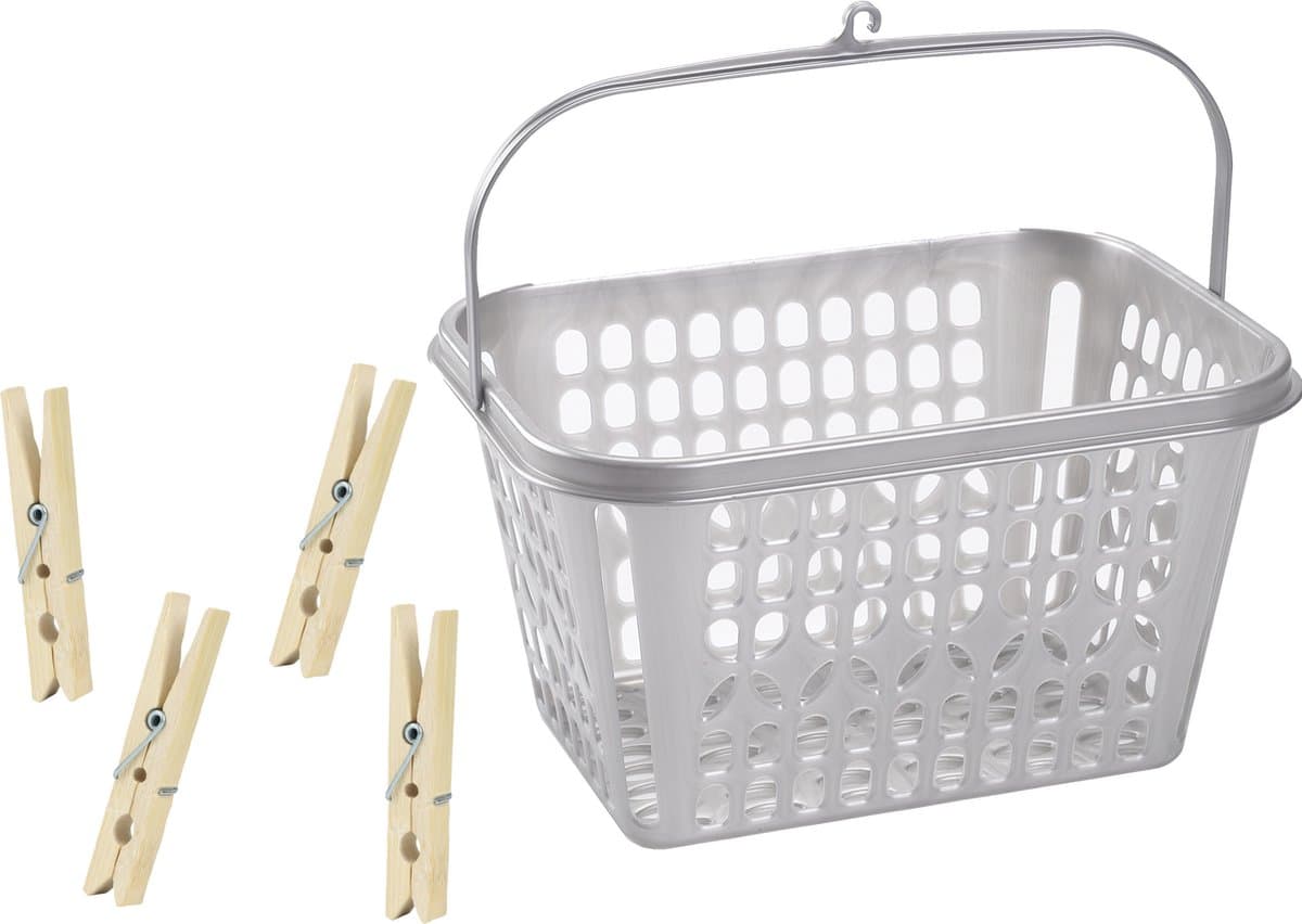 Wasknijper mandje/bakje - zilver - inclusief 48x wasknijpers - hout — afbeelding 1