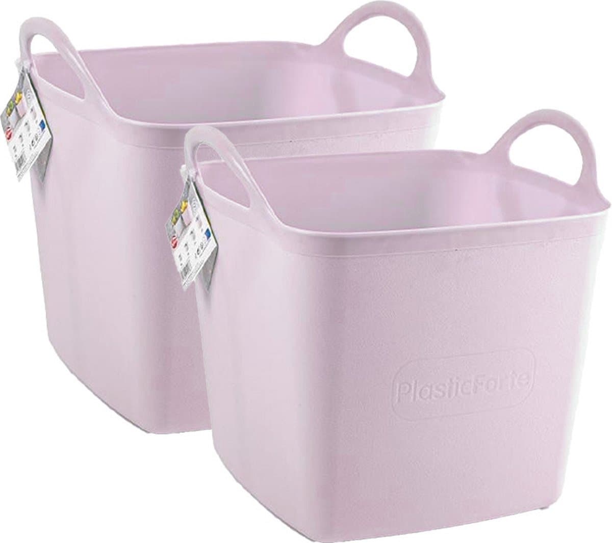 Plasticforte Kuip/emmer/wasmand - 2x - flexibel - roze - 27 liter - vierkant - kunststof - 36 x 34 x 37 cm — afbeelding 1