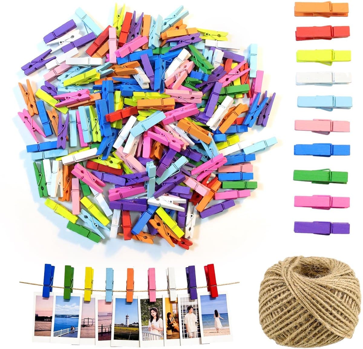 Dailygoods- Mini-houten Klemmen 200 Stuks - Kleine Wasknijpers - Jute Koord 30 m - Kleurrijke Fotoclipset - Robuust Hout - Veilig en Aangenaam Werken — afbeelding 1