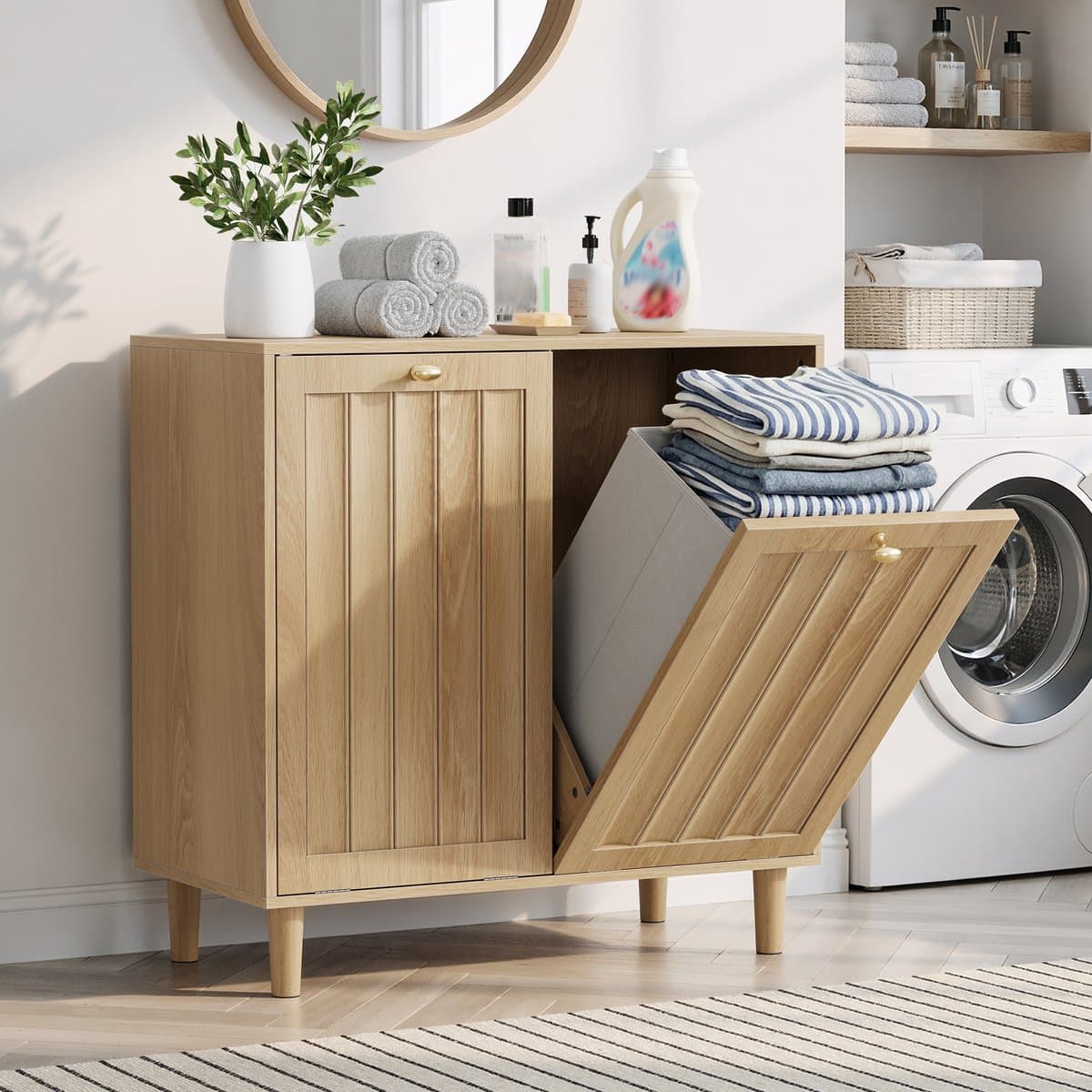 Wasmand voor de badkamer - Schuine wasmand - Verborgen wasmand - Badkameropbergkast - Met uitneembare binnenmand - MDF - 69,5 x 35 x 70,5 cm - Geschikt voor wasruimtes, badkamers en balkons - Lichtbruin — afbeelding 1