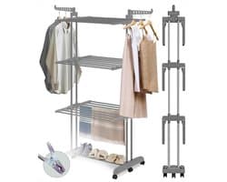 Droogrek Wasrek - Droogtoren Wastoren - Kleding Drogen - Inclusief Wasknijpers - 173 x 75 x 63 cm - Grijs