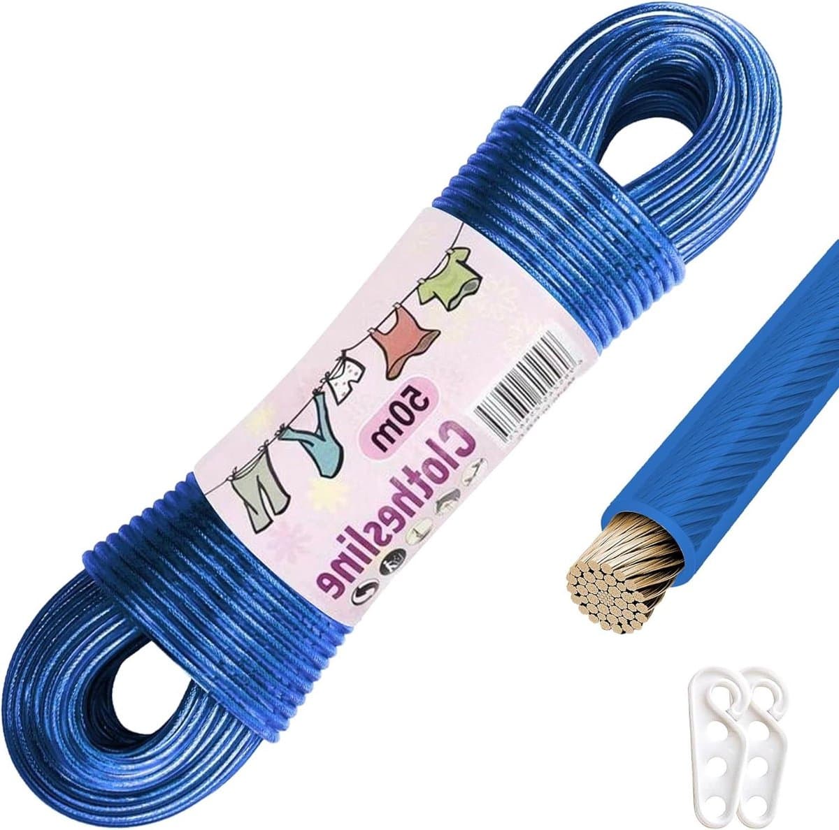 Waslijn met Stalen Kern - Kledinglijn Sterk Touw - Buiten Kleding Drogen - 150 kg Draagvermogen - 50 meter - Blauw — afbeelding 1