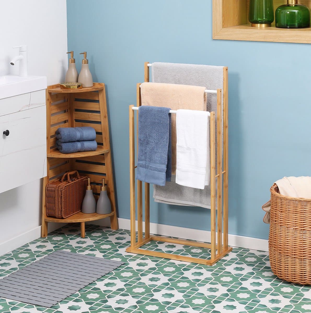 MEUNIQ staand handdoekrek met 3 stangen van bamboe 48 x 25,8 x 94 cm vrijstaand droogrek voor badkamer of wasruimte naturel — afbeelding 1