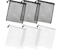 SnelShoppen - Netzakken met Trekkoord 6 Stuks, 3 Zwart + 3 Wit, 35 x 40 cm, Ademend, Waszakken, Speelgoedopslag, Strandtassen, Boodschappentassen, Rei