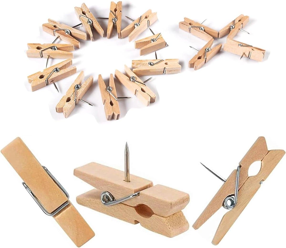Houten knijpers - Prikspelden punaises - Handwerk en kantoor - Natuurlijk hout materiaal - 50 stuks - Natuurlijk — afbeelding 1