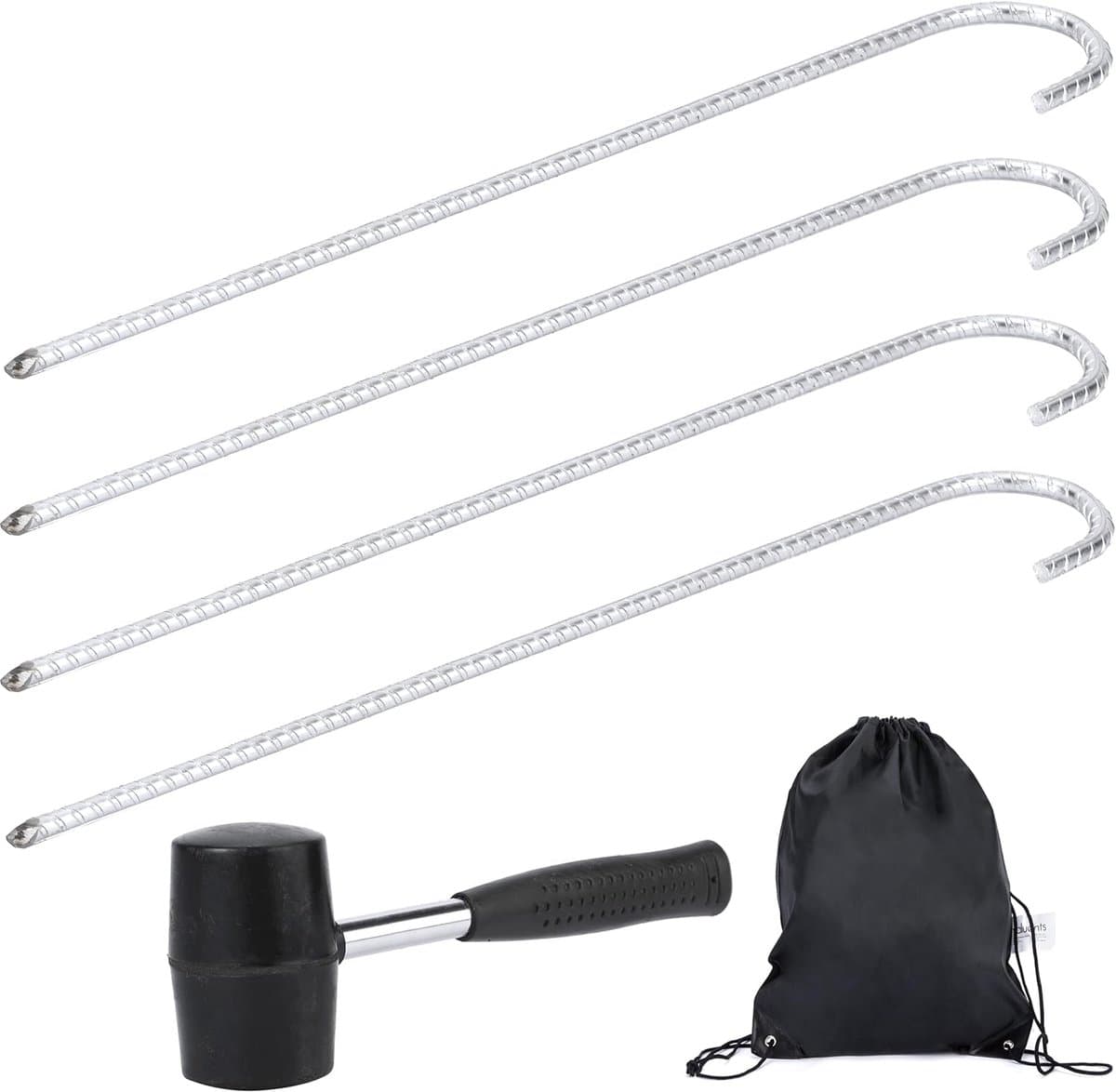 SnelShoppen - Set van 4 Grondankers 42 cm - Grondhaken, Tentpinnen voor Beveiligde Bevestiging - Roestvrij Staal, Inclusief Rubber Hamer & Tas voor Ca — afbeelding 1