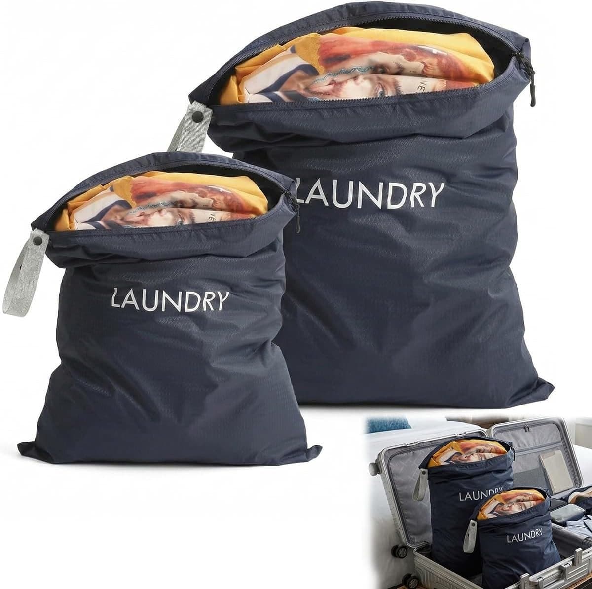 Waszakken voor op reis, set van 2, waterdicht en opvouwbaar, ideaal voor vakantie en kledingorganisatie, 45 x 60 cm en 35 x 55 cm — afbeelding 1
